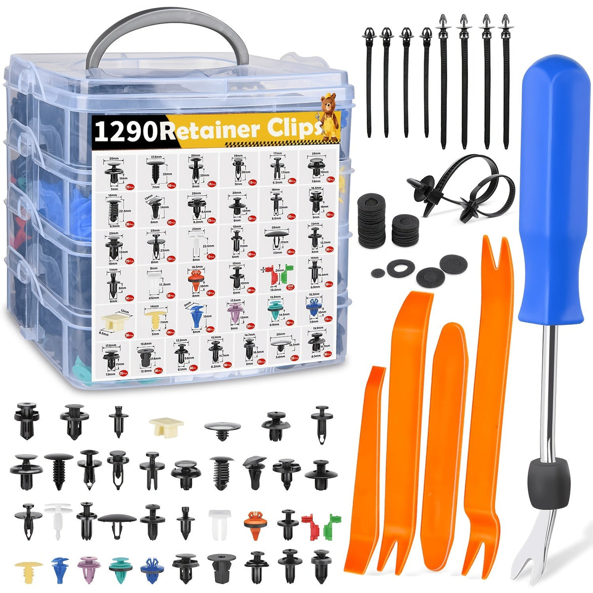 Kit d'assortiment de clips de fixation pour voiture 115/635/640/1290 pièces - 16 tailles de rivets en nylon pour pare-chocs et garde-boue, fixations automobiles avec serre-câbles et outil de démontage