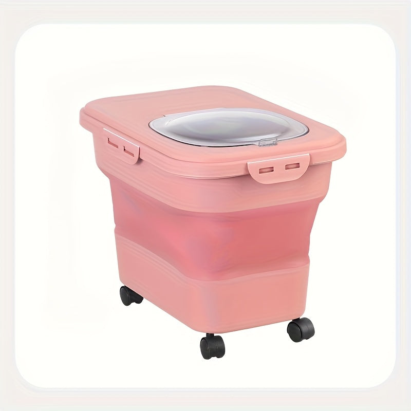 Grand contenant hermétique pour nourriture pour animaux avec roulettes – Bac scellé résistant à l'humidité et aux insectes avec tasse à mesurer et design pliable pour nourriture sèche pour chiens et chats, blanc cassé, vert, rose