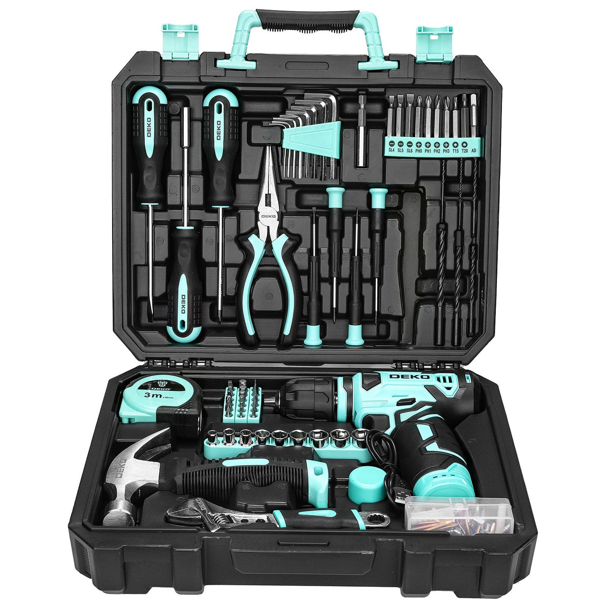 Ensemble d'outils avec perceuse sans fil 119/151 pièces, 8V rechargeable USB-C avec LED – Kit de réparation domestique tout-en-un léger pour femmes, bricolage, jardinage et montage de meubles, 6 couleurs, idée cadeau idéale