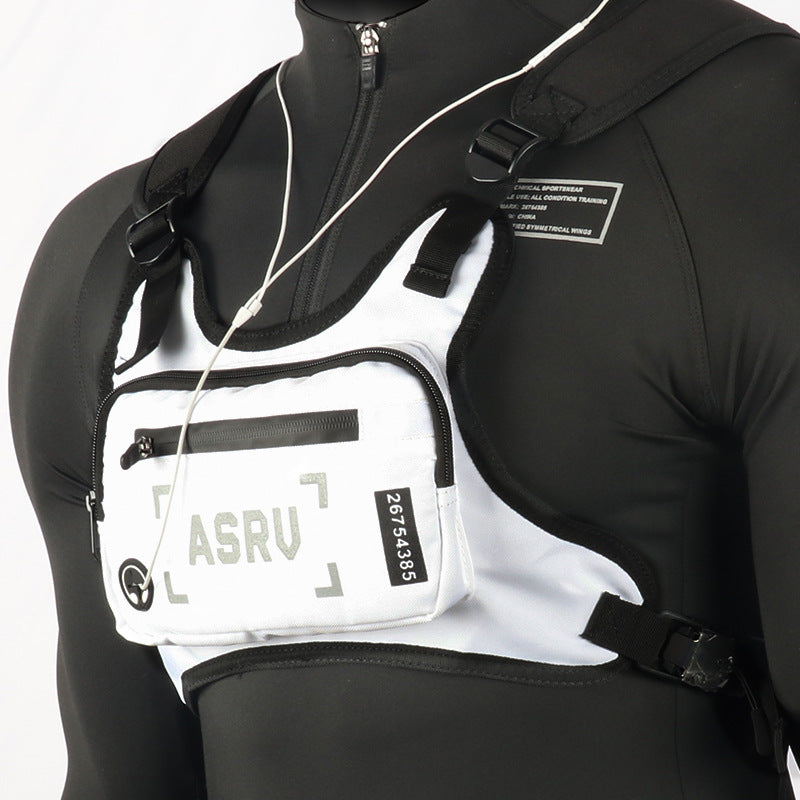 Sac de poitrine réfléchissant pour course à pied, gilet léger et réglable, sac bandoulière pour hommes et femmes – Sac de sport imperméable pour vélo, randonnée, ski avec trou pour écouteurs, noir et blanc
