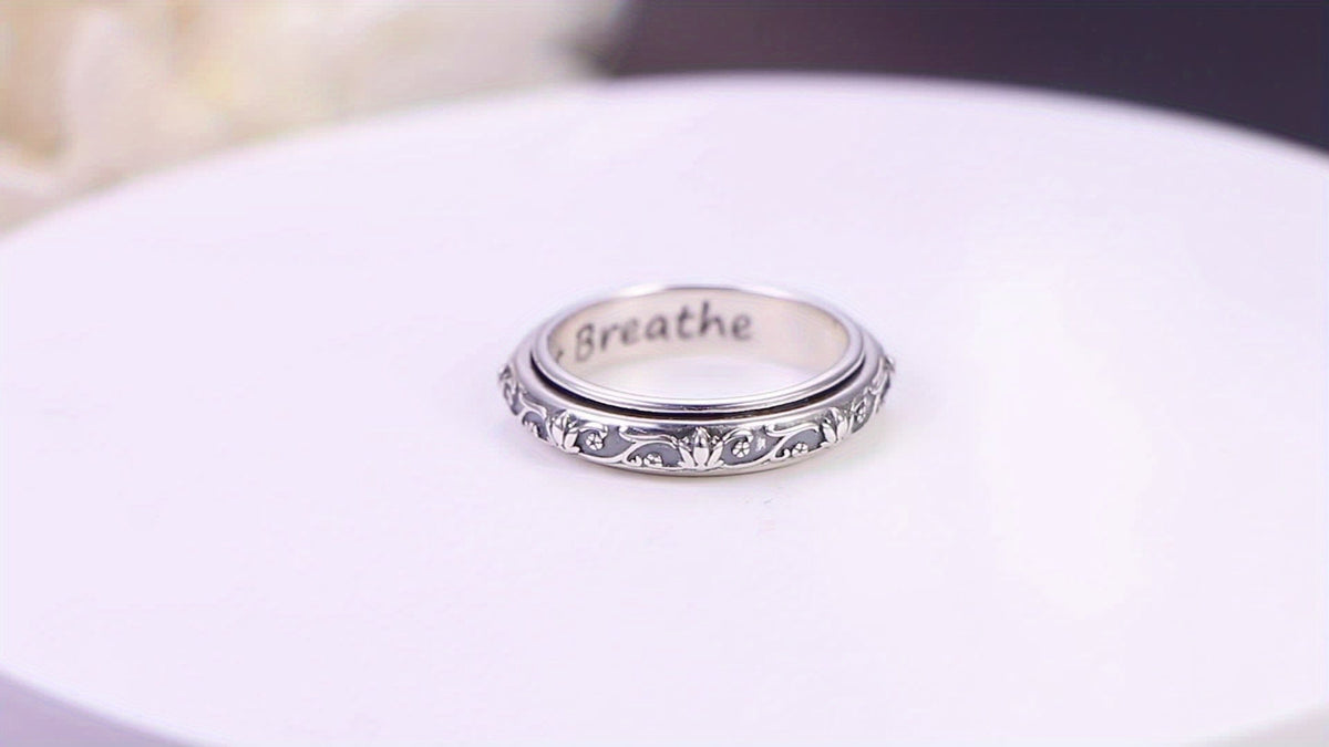 Bague anti-anxiété en argent sterling 925 avec motif fleur de lotus – Anneau rotatif oxydé « Just Breathe » pour soulager le stress, le TDAH, l'autisme et le yoga, bague unisexe pour l'inquiétude, tailles 57-67, cadeau pour femmes et hommes