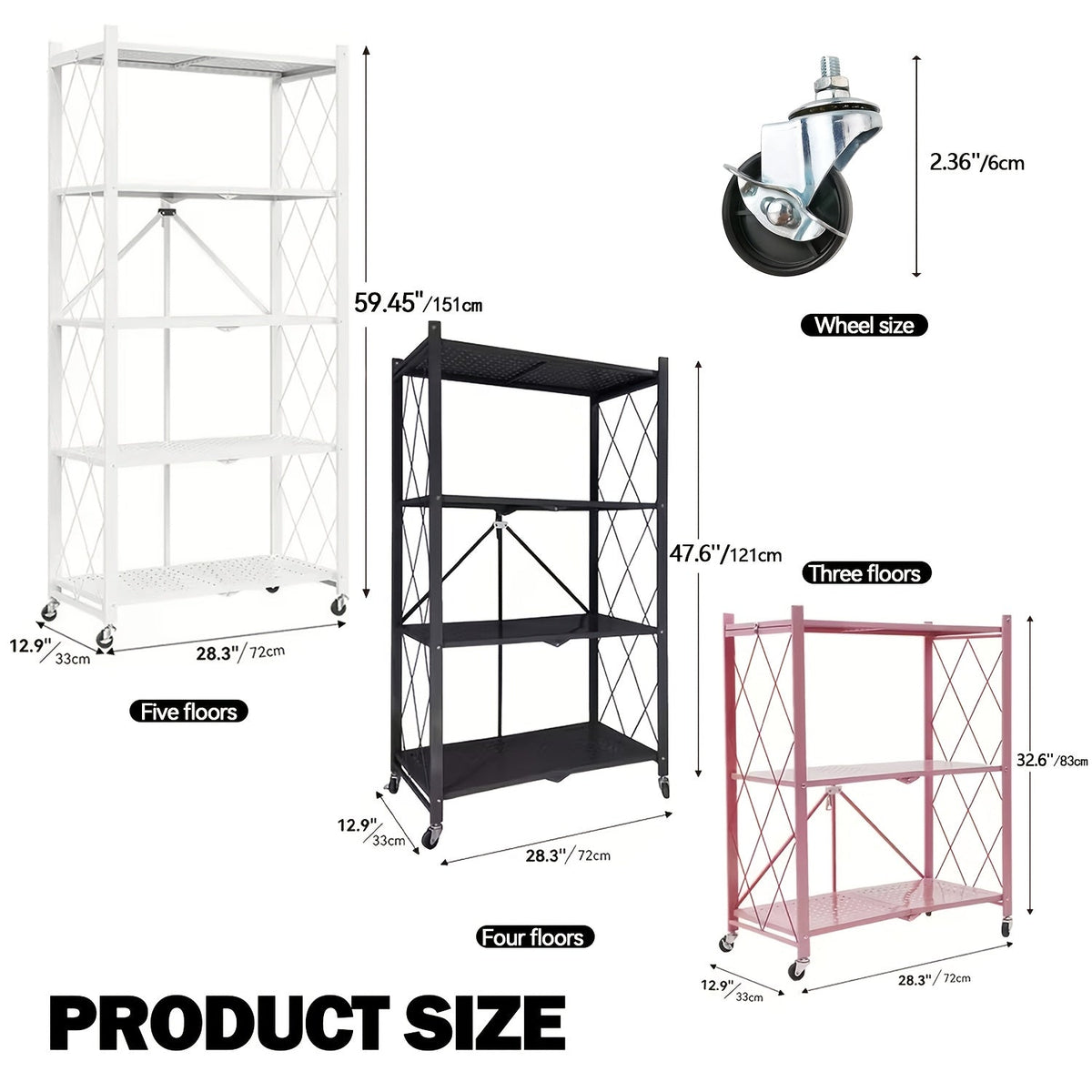 Heavy Duty Folding Storage Rack with Wheels β 3/4/5-Tier Portable Floor-Standing Shelf, No Assembly Required, for Home, Office, Bedroom & Dorm, 4 Colors Available