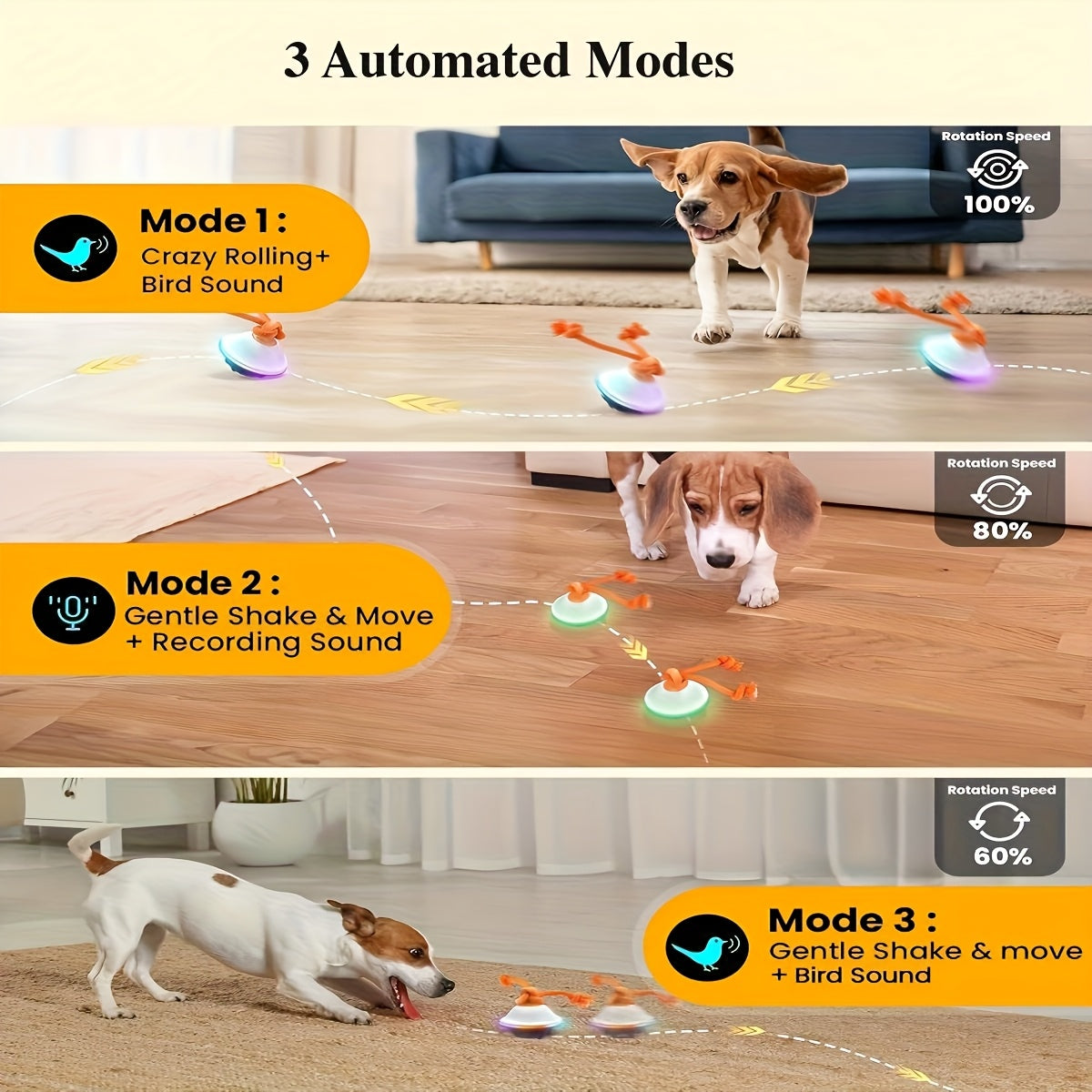 Jouet balle roulante automatique pour chien avec corde, activé par le mouvement, enregistrement vocal, rechargeable par USB, jouet interactif stimulant pour petits et moyens chiens, anti-ennui, gris et blanc