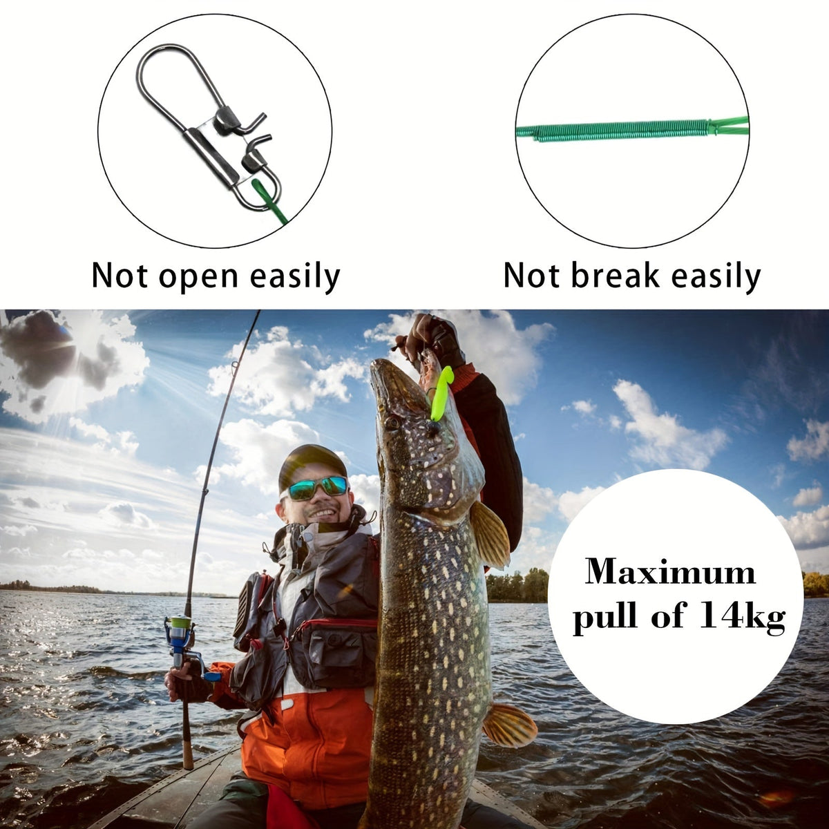 Lot de 100 bas de ligne de pêche en acier inoxydable avec émerillons et agrafes – Bas de ligne anti-morsure, résistance de 10 à 44 lb pour pêche en eau douce et en mer