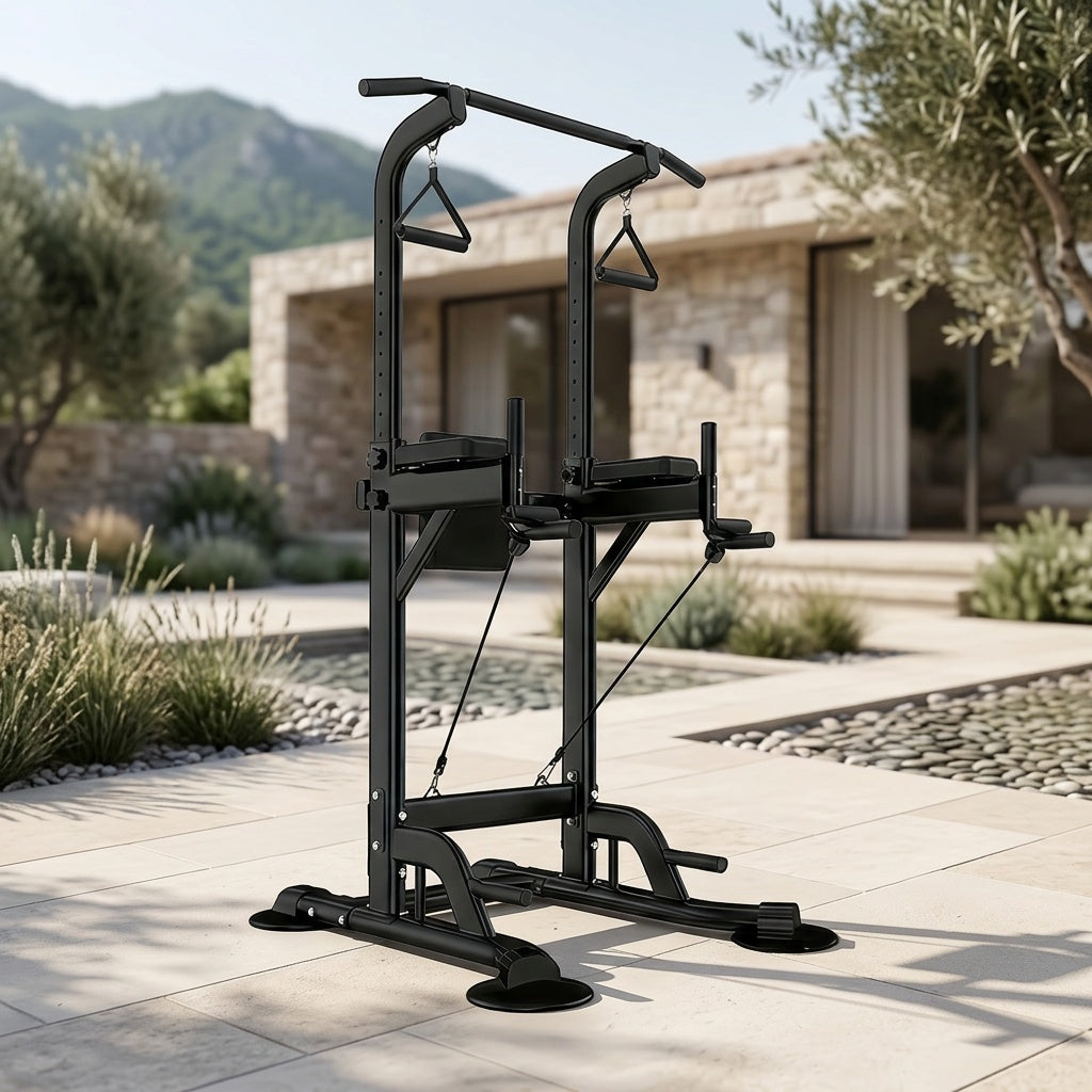 Station de musculation Power Tower avec barre de traction et poste à dips – Hauteur réglable 127-230 cm, capacité 150 kg, équipement de musculation multifonction pour hommes et femmes, bandes élastiques incluses