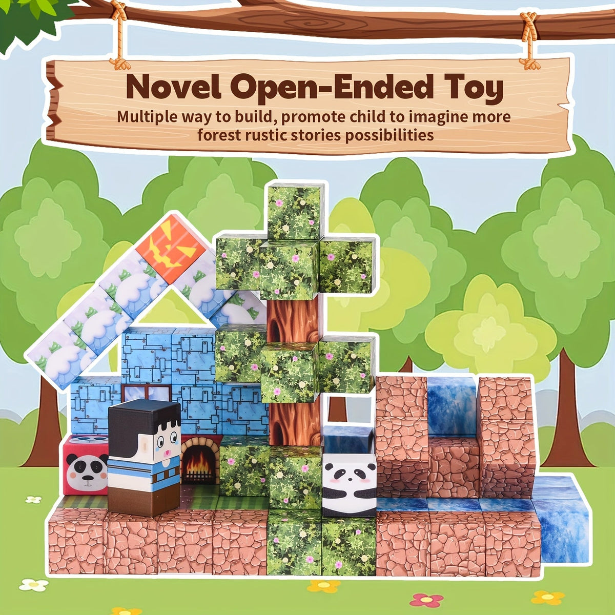 Lot de 100 blocs de construction magnétiques thème exploration trésor de la forêt, ensemble créatif STEM, jouet éducatif et scientifique, cadeau pour enfants, Noël, Pâques, Halloween