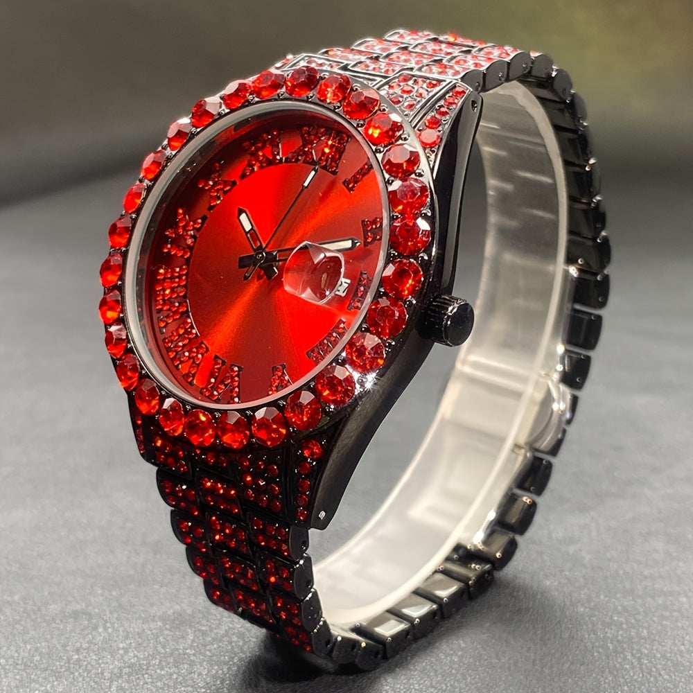 Ensemble de montres pour couples avec strass, mouvement à quartz de luxe, calendrier, affichage lumineux pour hommes et femmes, montre cadeau de mode pour fête avec strass rouges et bleu glacier