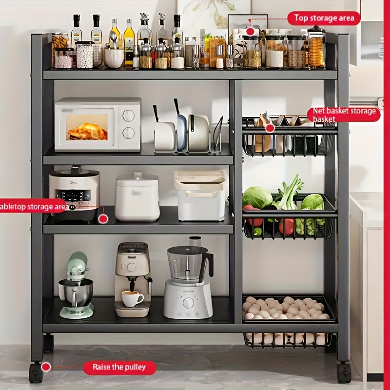Étagère de rangement roulante à 4 niveaux avec paniers en fil métallique et roulettes – Rayonnage métallique réglable pour cuisine, garde-manger, garage, salle de bain et placard, organisateur sur pied mobile, cadeau de crémaillère