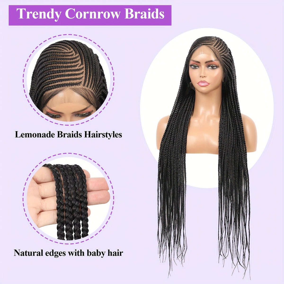 Perruque Box Braid HD Lace Front pour femmes noires, 36 pouces – Full Lace Frontal synthétique, ligne de cheveux naturelle, pour tous les jours et les fêtes, noire