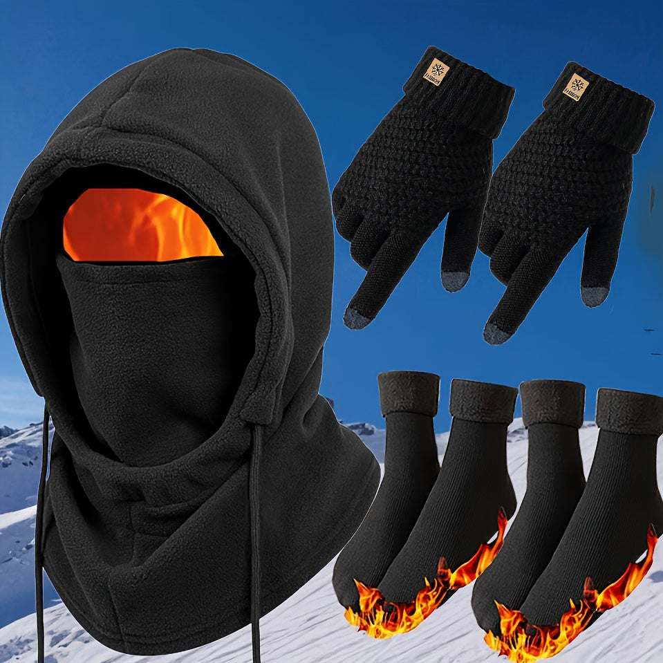 Ensemble thermique d'hiver 3/4 pièces, masque coupe-vent, gants tactiles, chaussettes en polaire épaisse, équipement grand froid pour snowboard, ski, randonnée, pêche sur glace – Lot d'accessoires d'extérieur chauds et légers