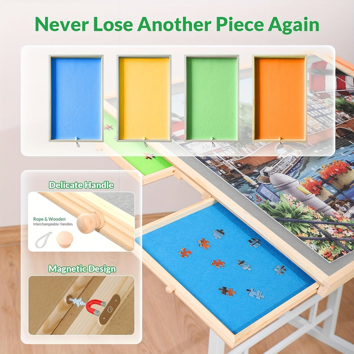Table de puzzle réglable pour puzzles de 1500 pièces – Plateau de puzzle en bois massif inclinable et réglable en hauteur avec tiroir de rangement – Station de puzzle portable pour adultes – Cadeau idéal pour un anniversaire ou les fêtes
