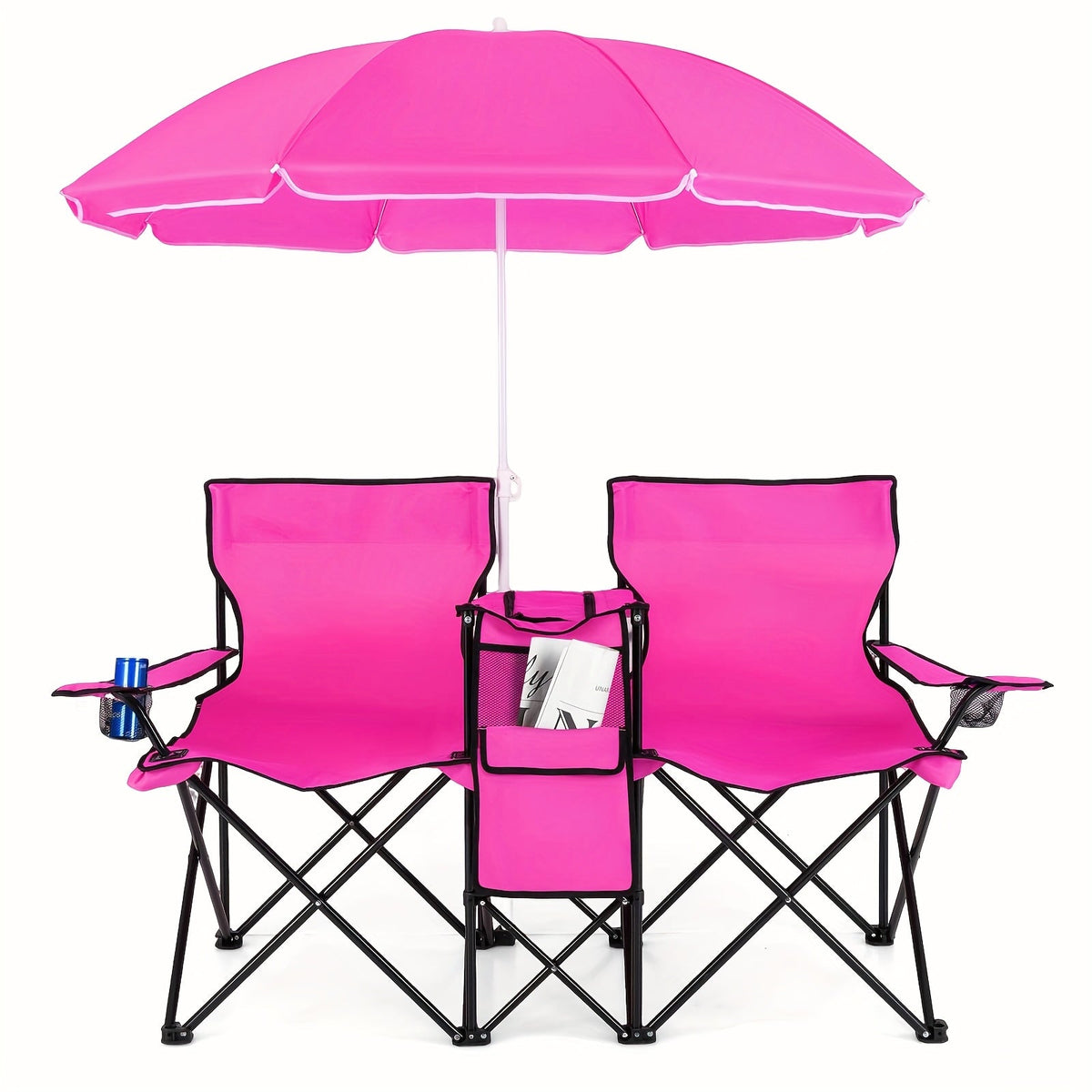 Ensemble de 2 chaises de plage pliantes avec parasol, table et sac isotherme – Chaise de pique-nique compacte et pliable pour la plage, le camping et les sorties en plein air, capacité de 122 kg par siège