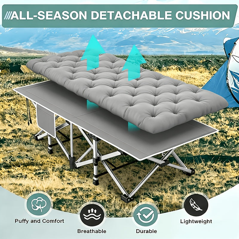 Lit de camping pliant avec matelas et poches latérales – Lit de camp portable robuste pour adultes, lit d'appoint pliable pour le camping, l'extérieur, la terrasse, le bureau ou la chambre d'amis