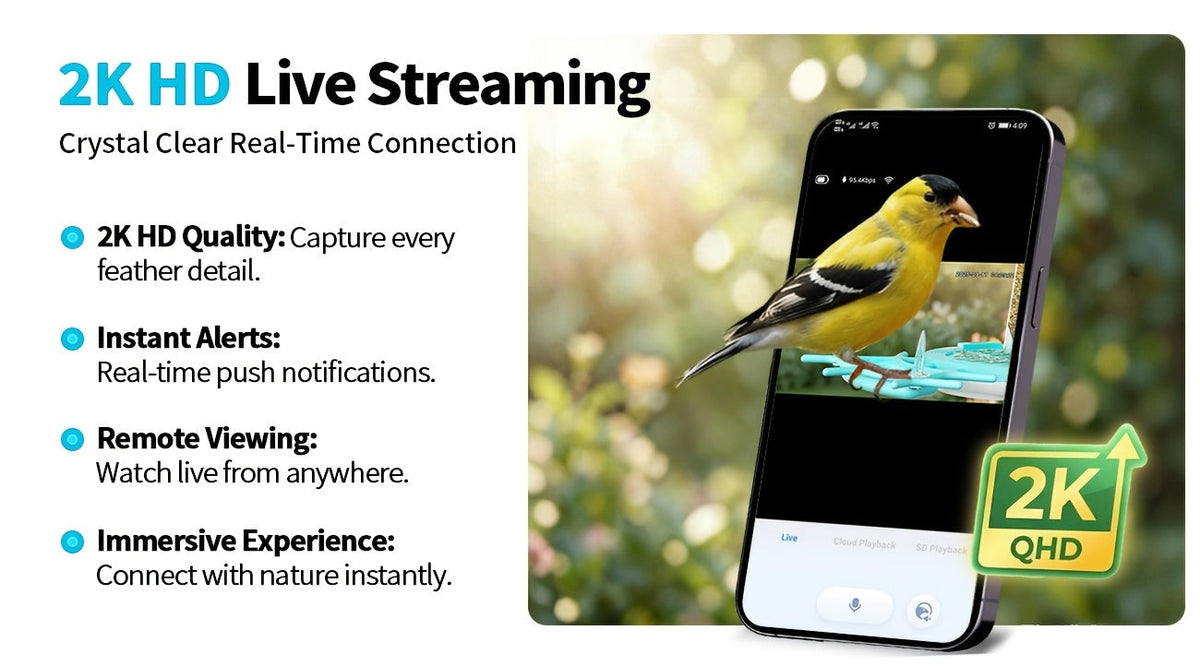 Mangeoire à oiseaux intelligente avec caméra solaire – 4MP 2K HD, identification des espèces d'oiseaux, détection de mouvement, protection contre les écureuils, étanchéité IP66, surveillance à distance via application, cadeau pour les amoureux des oiseaux