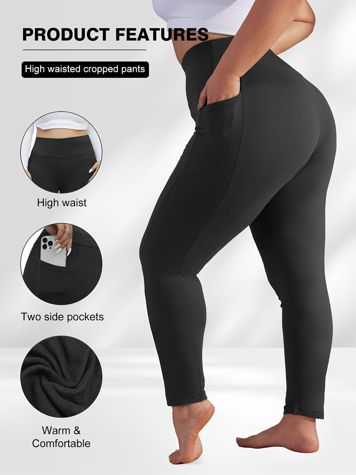 Pantalon de yoga grande taille pour femme avec poches – Legging chaud doublé en polaire taille haute pour l'automne et l'hiver, pantalon de sport moulant élastique, tailles 1XL-5XL en noir, gris, bordeaux et bleu marine