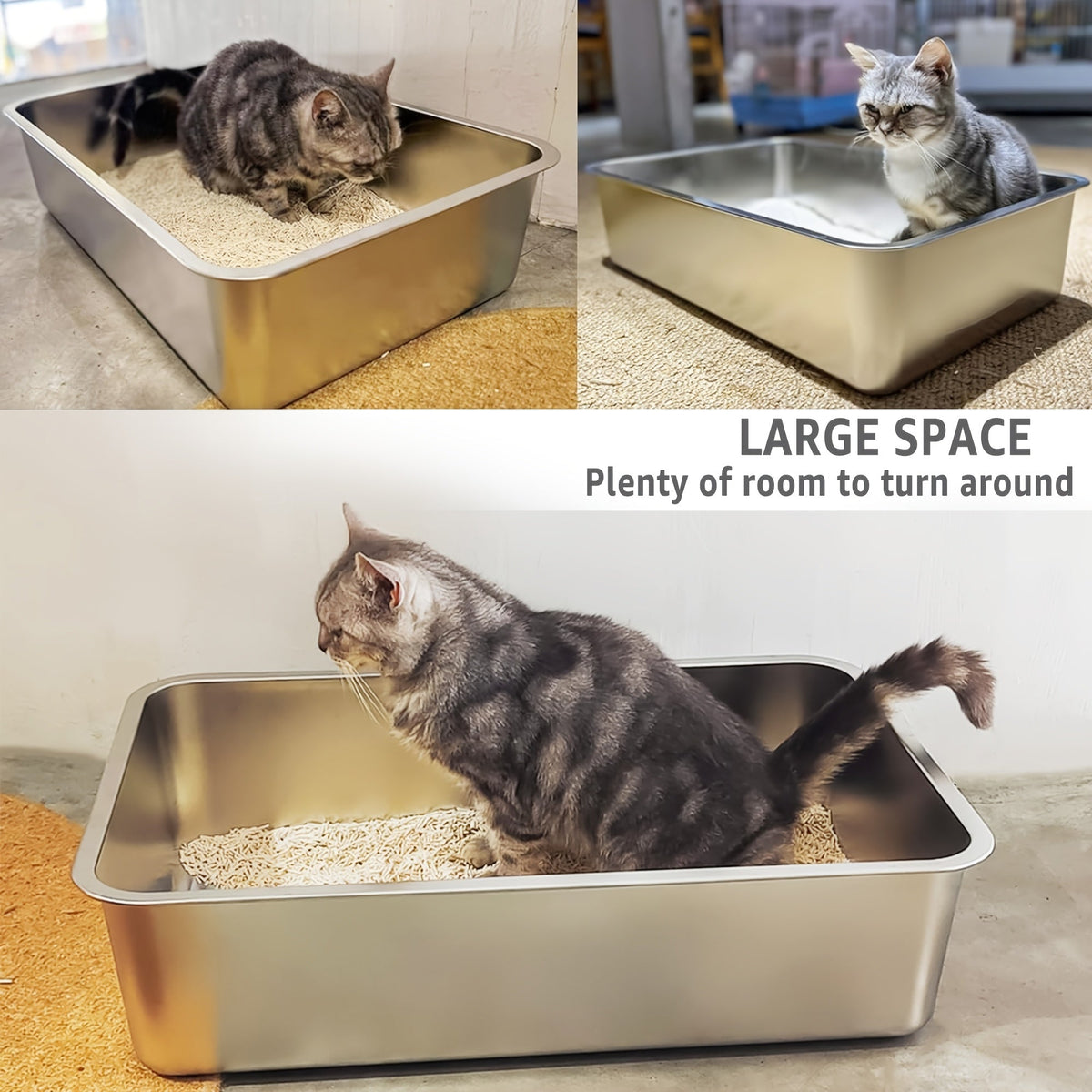 Bac à litière en acier inoxydable XL – Lot de 2 bacs en métal extra larges, bords hauts de 15 cm, facile à nettoyer, résistant aux odeurs, pour grands chats et foyers multi-chats, design rectangulaire adapté aux coins