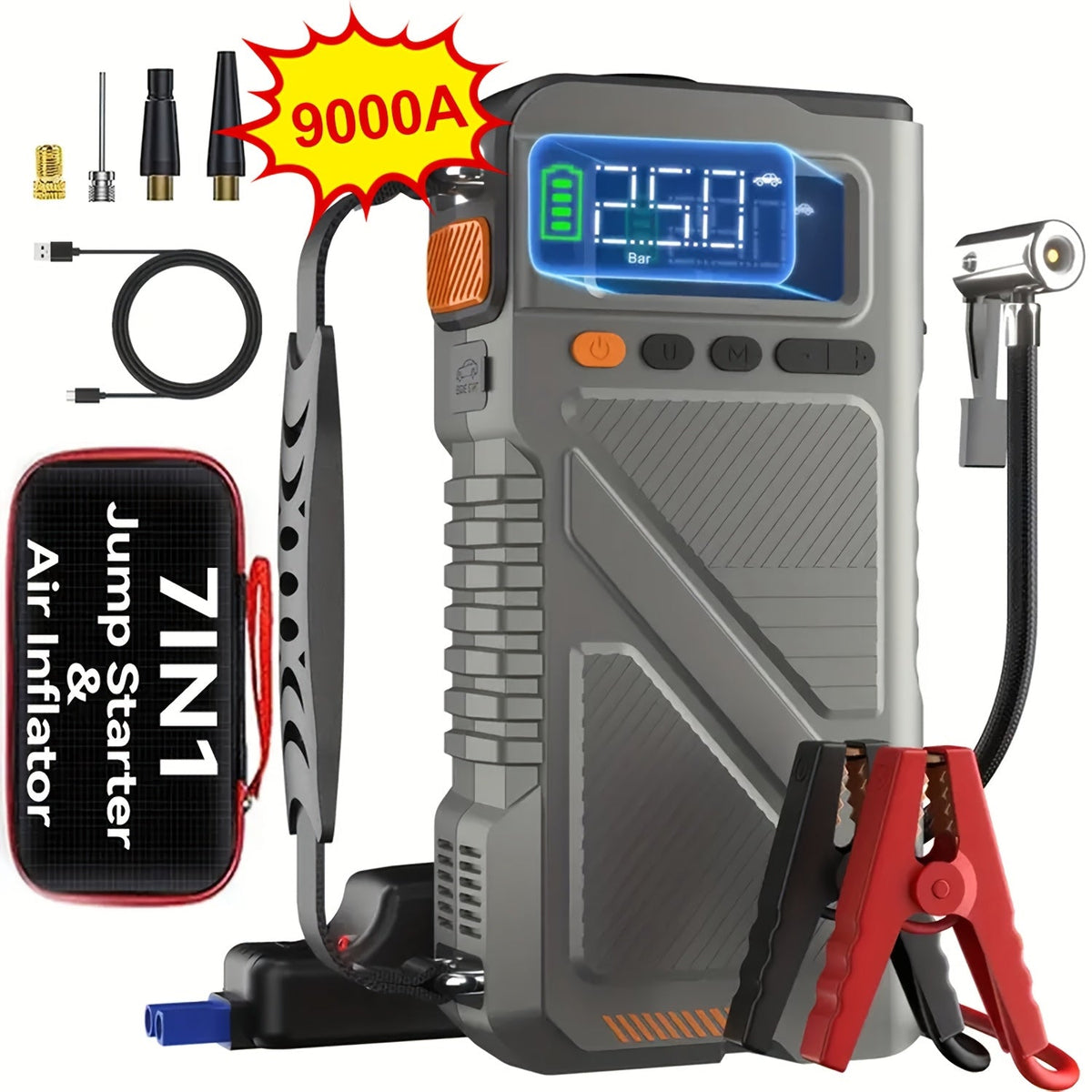 Démarreur portable 6000 A/9000 A avec compresseur d'air 150 PSI – Boîtier de démarrage 7-en-1 avec gonfleur de pneus numérique et batterie externe pour moteurs à essence (10 L) et diesel (9,0 L), démarreur de voiture avec ports USB