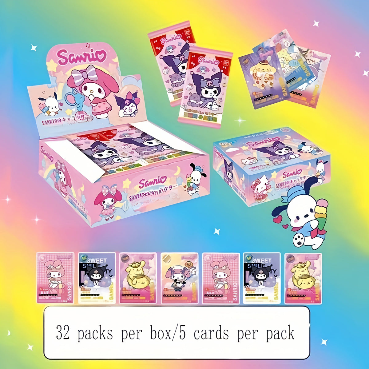 Cartes à collectionner Sanrio - 1 boîte de 32 paquets aléatoires | Hello Kitty, My Melody, Kuromi et plus, papier cartonné de haute qualité, cadeau d'anniversaire ou de Noël pour filles et fans de Sanrio