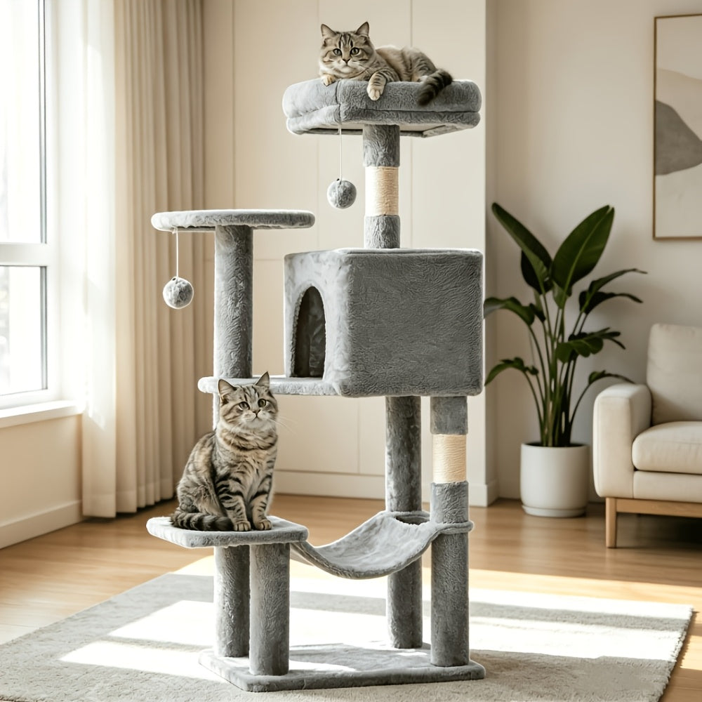 Arbre à chat de 112 cm avec poteaux à griffer en sisal naturel, grand hamac et niche fermée - Structure d'escalade multi-niveaux pour grands chats et foyers multi-chats, mobilier moderne pour animaux de compagnie