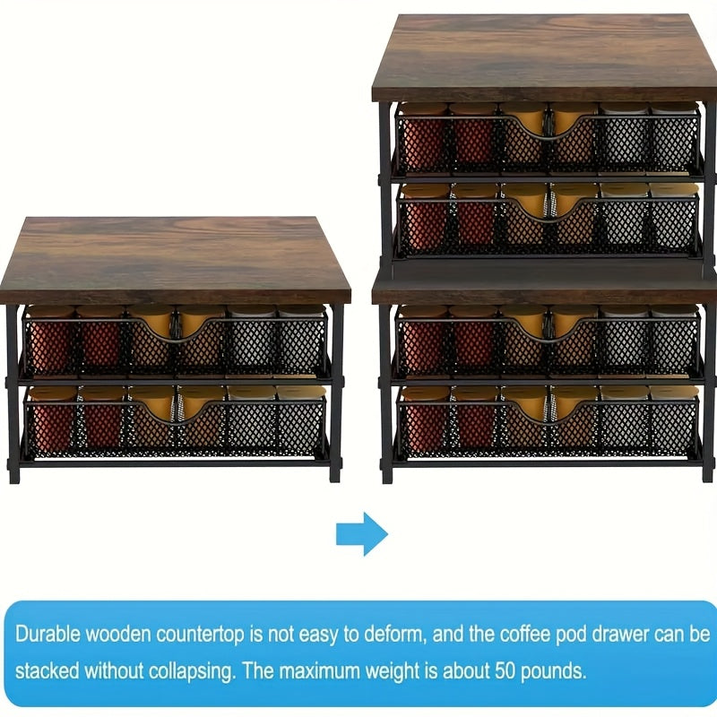 Tiroir de rangement pour capsules de café K-Cup, organisateur pour capsules Keurig Nespresso, panier coulissant à double étage, capacité de 48 capsules, station à café pour comptoir de cuisine, marron