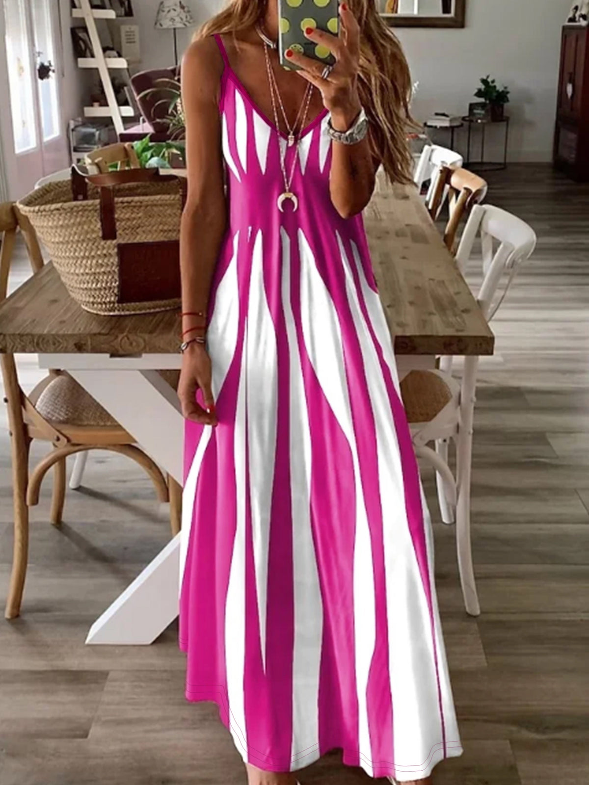 Robe décontractée à imprimé, col en V et bretelles spaghetti pour femme – Robe midi extensible en maille 100 % polyester pour toutes les saisons (printemps, été, automne, hiver)