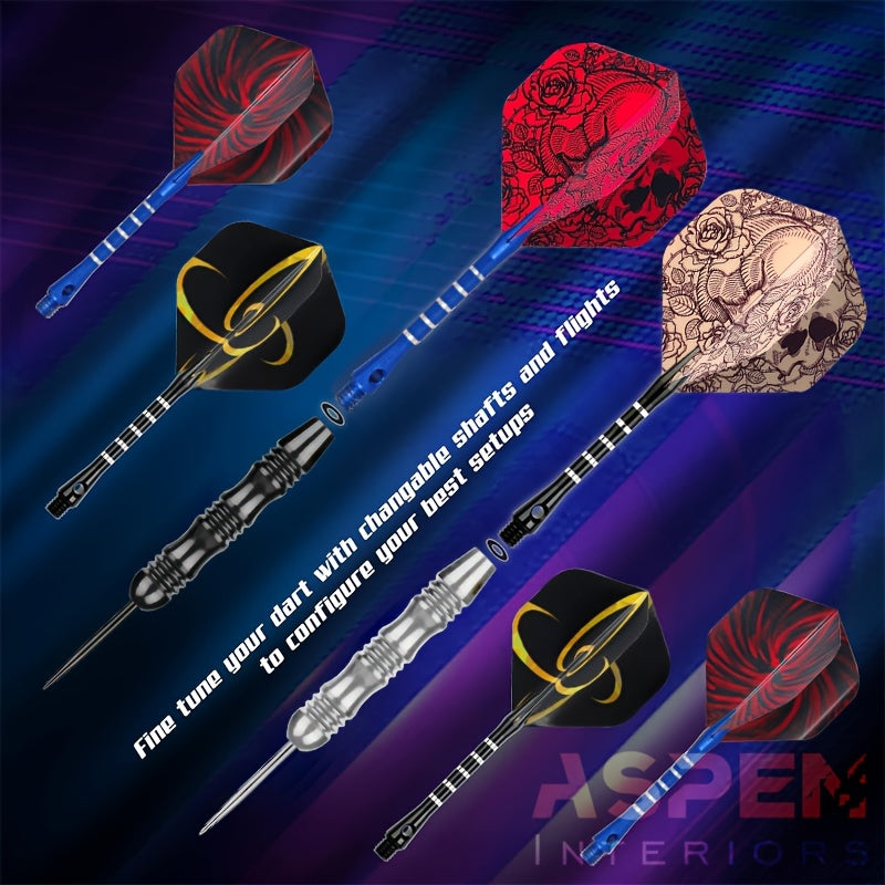 Ensemble de fléchettes à pointe en acier avec ailettes tête de mort – Coffret cadeau deluxe, pointe en fer et tige en alliage d'aluminium, tailles multiples – pour divertissement en club, compétitions sportives et parties de fléchettes décontractées