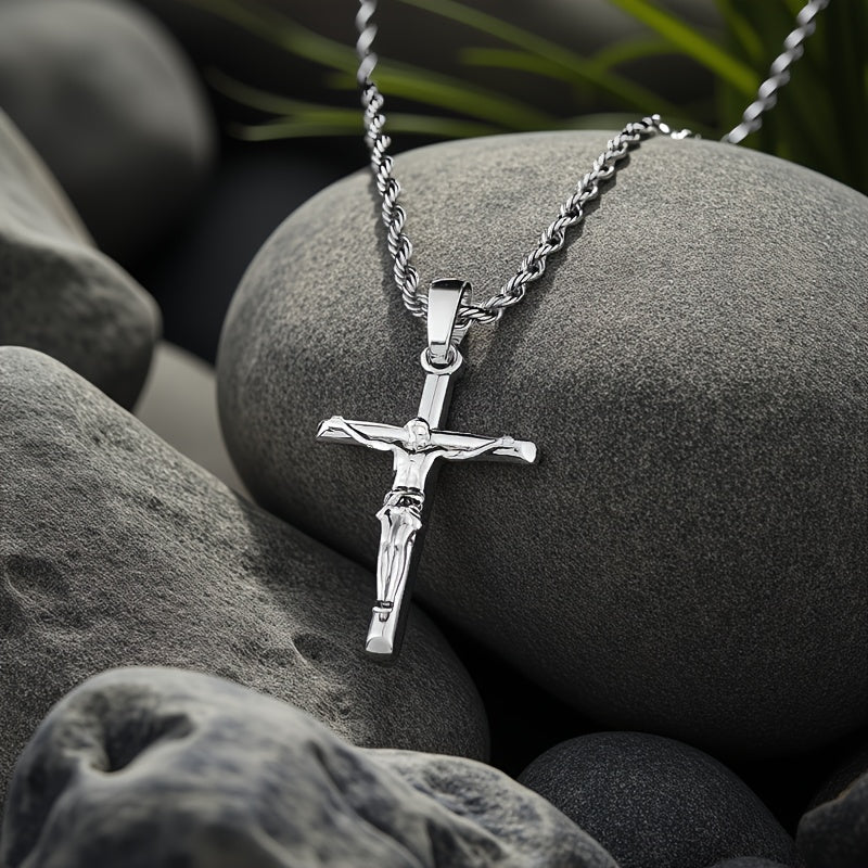 Collier croix en acier inoxydable pour hommes et femmes – Pendentif religieux unisexe délicat, léger (7 g), artisanat raffiné, cadeau idéal pour Noël, un anniversaire ou une confirmation, 55 cm / 22 po