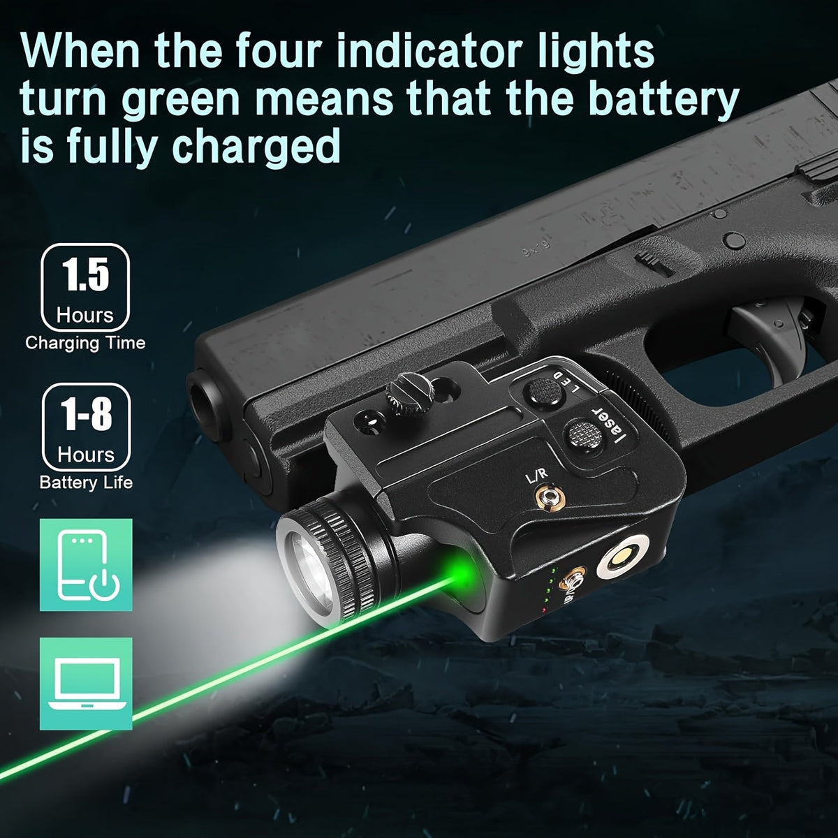 Combo lampe torche LED et viseur laser vert tactique pour rail Picatinny, ambidextre, rechargeable par USB, compatible pistolets à air comprimé, armes de poing, fusils de chasse et carabines, compact et léger 55 g
