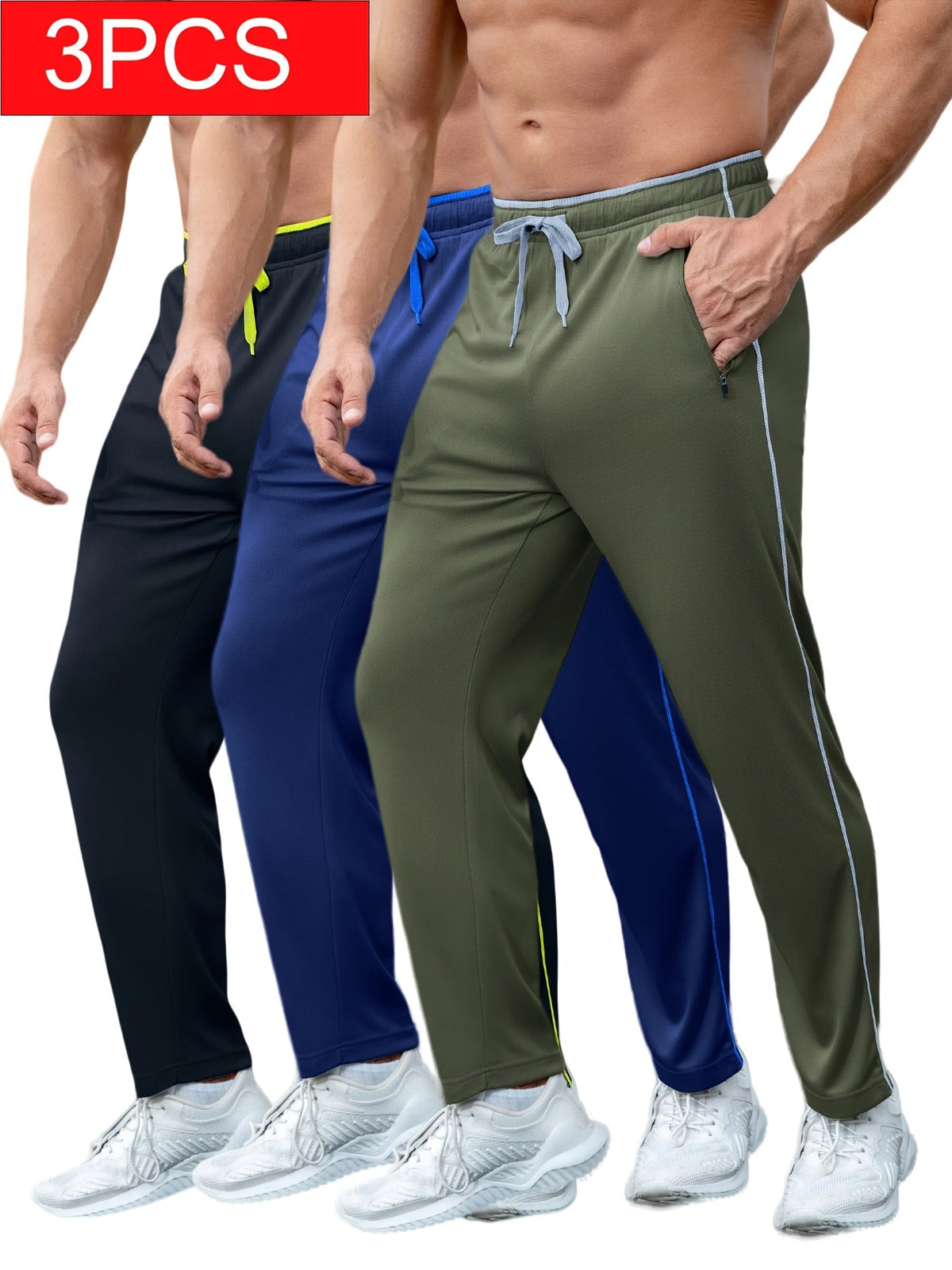 Lot de 3 pantalons de survêtement légers pour homme avec poches – Joggers athlétiques à ourlet ouvert pour l'entraînement, le jogging, la salle de sport et la course, tailles S à XXXL, 3 assortiments de couleurs