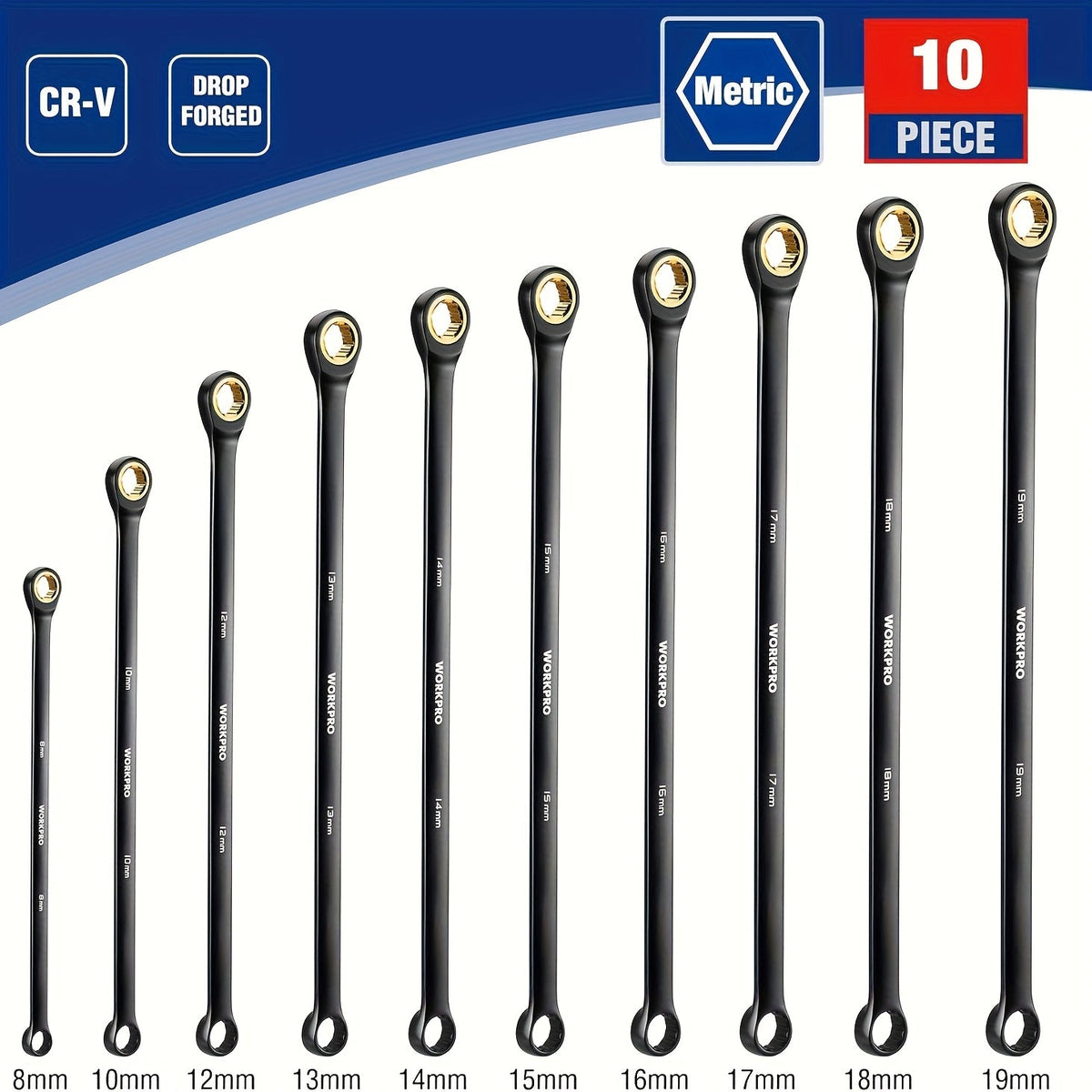 WORKPRO Jeu de 10 clés à cliquet extra-longues – Clés polygonales antidérapantes, métriques 8-19 mm, 72 dents, acier au chrome-vanadium, revêtement électrophorétique noir, pochette de rangement incluse, kit d'outils à main professionnel