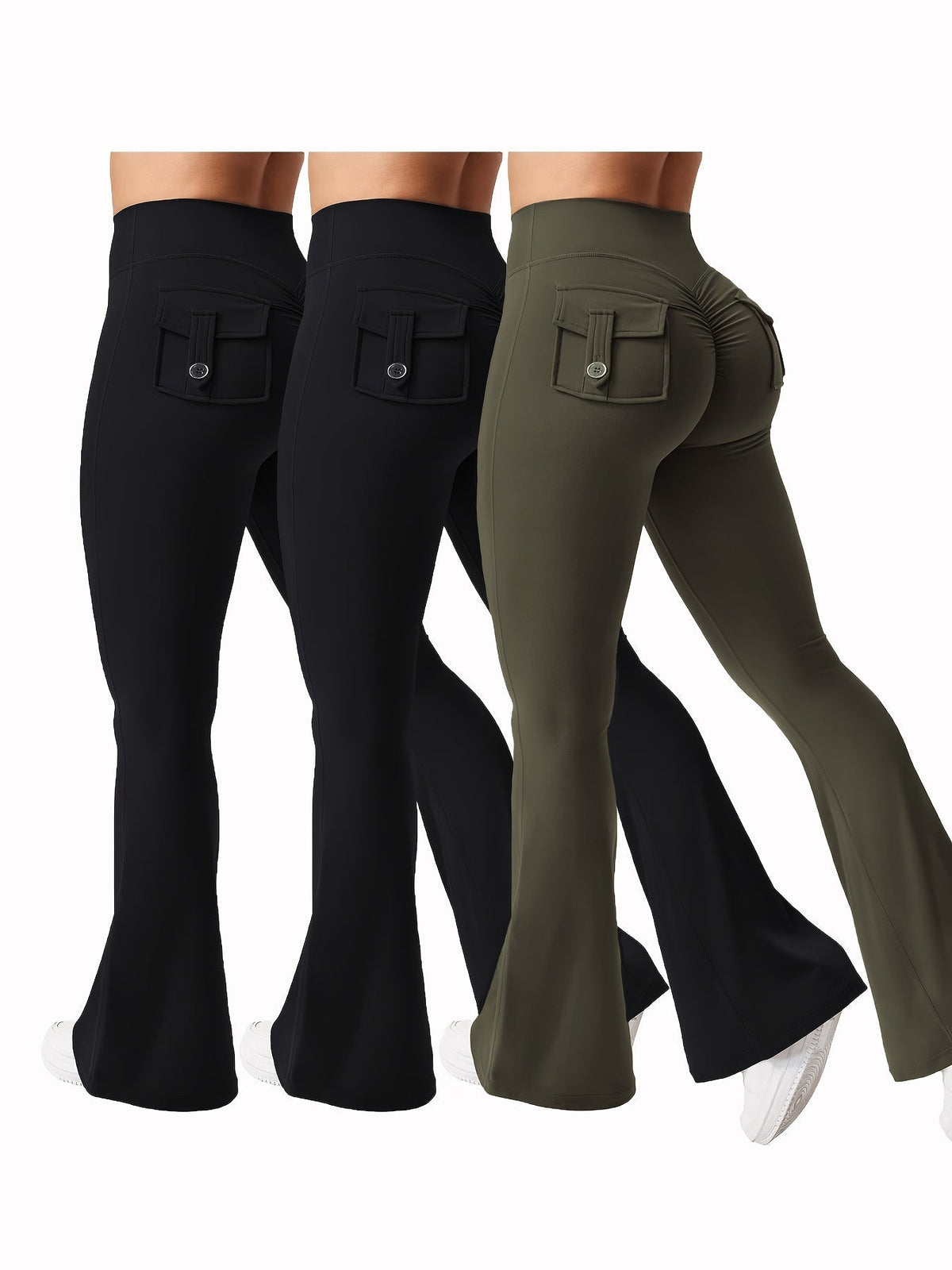 Ensemble 3 pièces pour femme : pantalon de yoga évasé à taille haute avec ceinture et poches, legging galbant effet push-up, squat-proof, 90 % polyester extensible, coupe évasée pour le sport, la gym, la course et le quotidien