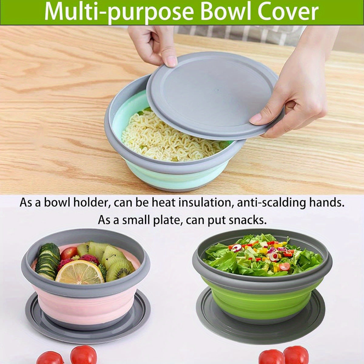 Ensemble de 3 bols de camping pliables en silicone avec couvercles, ustensiles pliants et sac de rangement, contenants alimentaires empilables et portables pour le camping, la randonnée, les voyages et le déjeuner, bleu/rose