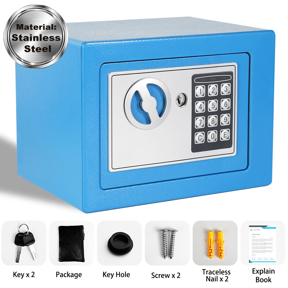 Coffre-fort ignifuge pour la maison avec clavier numérique, clés et verrouillage par code – Inclut sac ignifuge pour espèces, éclairage à détecteur et étagère réglable pour argent et objets de valeur au bureau ou à la maison