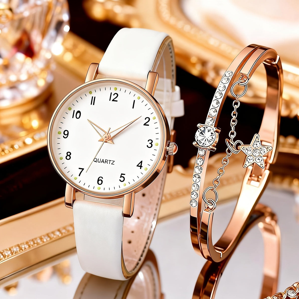 Coffret montre cœur orné de strass pour femme – 2 montres à quartz avec bracelet en similicuir, ensemble de montres-bracelets or rose et rose, idée cadeau pour la Saint-Valentin, les anniversaires et les fêtes