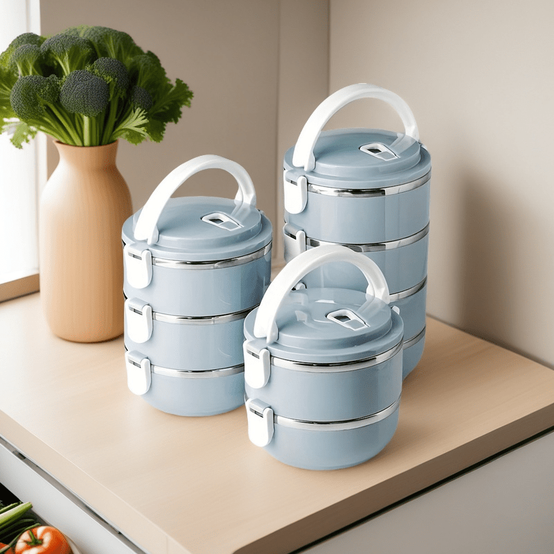 Ensemble de boîtes à lunch isothermes en acier inoxydable, 2/3/4 étages – Bento empilable avec couvercle, récipient alimentaire cylindrique étanche de 1,4 L pour le bureau, l'école, le camping, les pique-niques et l'usage en extérieur