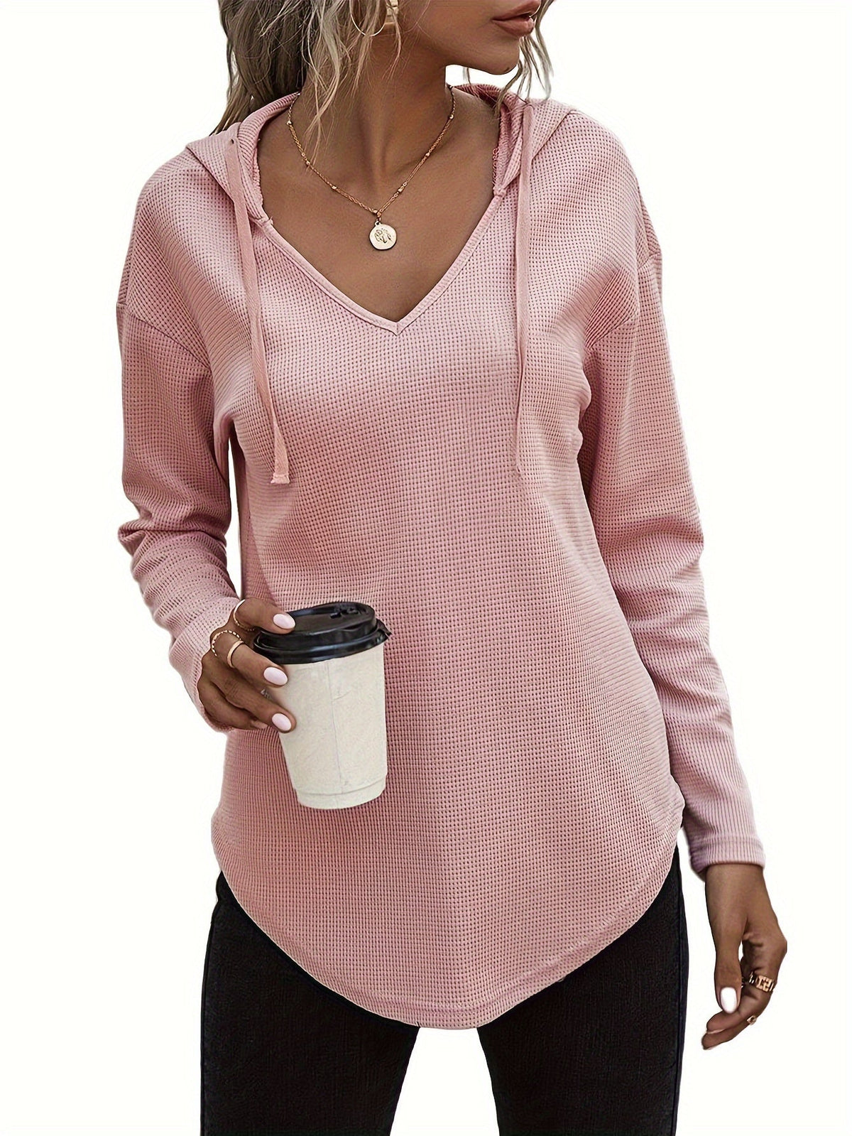 Sweat-shirt à capuche pour femme avec ourlet asymétrique, col en V et cordon de serrage - Pull décontracté à manches longues en maille pour l'automne et l'hiver