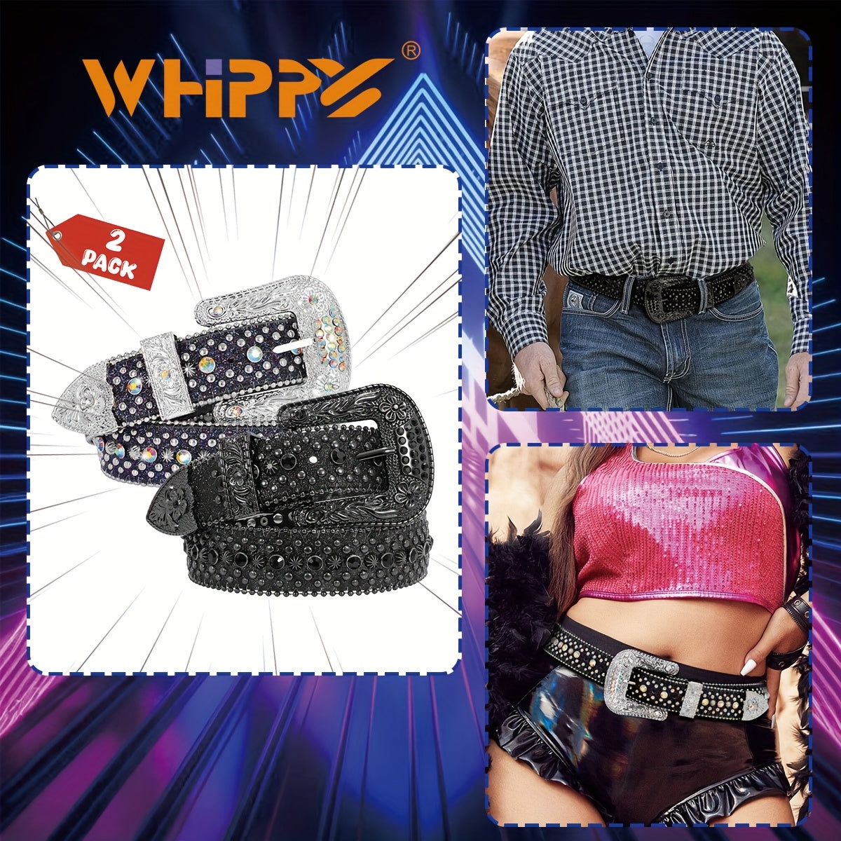 Ceinture strass unisexe style western – Ceinture ajustable scintillante en similicuir avec boucle en alliage pour hommes et femmes, tailles S-XL, cadeau pour fête, festival, Halloween, Noël