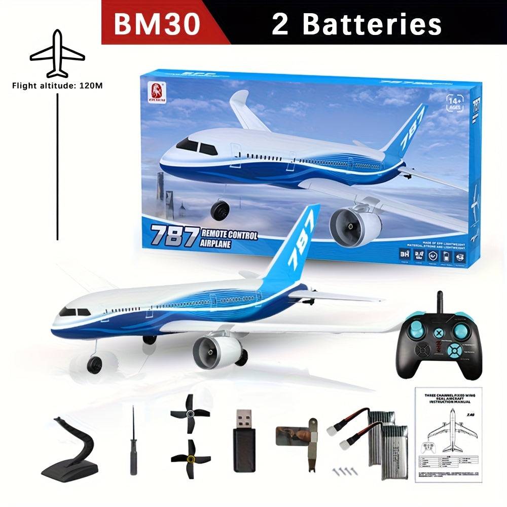 Avion radiocommandé modèle Airliner 787 BM30 BM29, planeur télécommandé 3 canaux 2,4 GHz avec gyroscope, mousse EPP, portée de 200 m, 6 à 10 min de vol, tonneaux et acrobaties – Avion RC idéal pour débutants, cadeau pour enfants et adultes