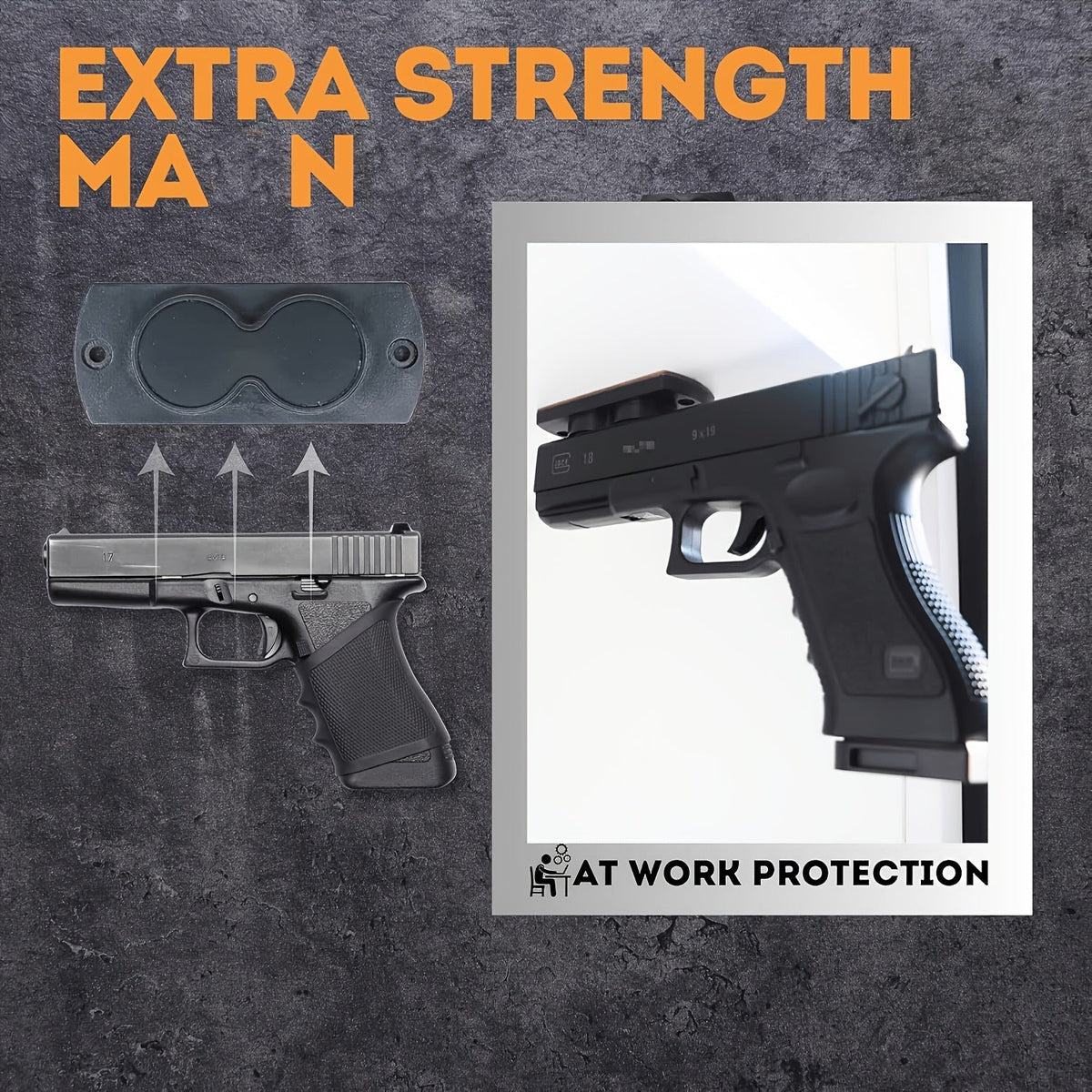 Support magnétique pour pistolet – Fixation pour arme de 13,6 kg avec revêtement en caoutchouc pour voiture, camion, maison, mur, table, accès rapide, ne raye pas l'arme, ruban adhésif double face robuste inclus