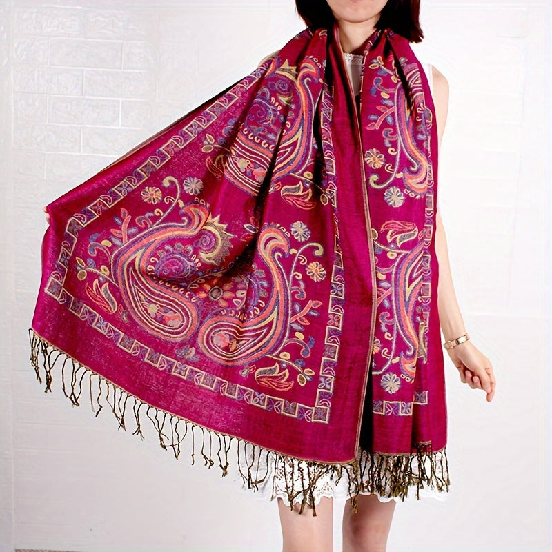Écharpe châle en jacquard cachemire à motif cachemire avec franges pour femme, style bohème ethnique, accessoire doux et chaud pour le voyage, les festivals ou le quotidien, 8 couleurs