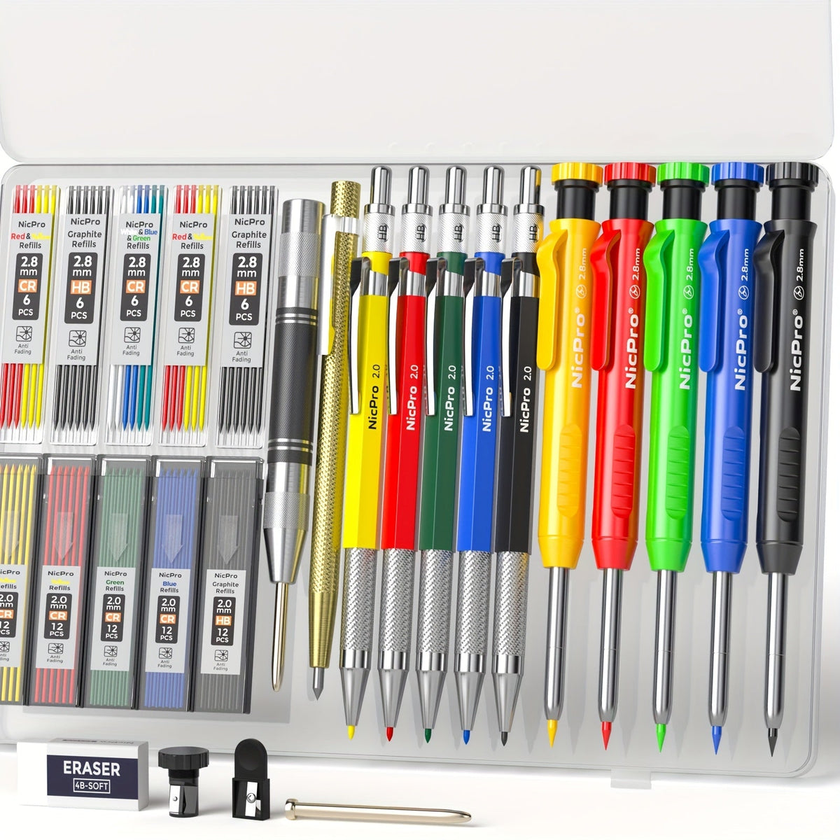 Ensemble de crayons de charpentier avec taille-crayon – Porte-mines avec recharges, pointeau automatique et pointe à tracer au carbure dans un étui robuste, kit de marquage professionnel de 15/16/17/18/27 pièces pour le travail du bois