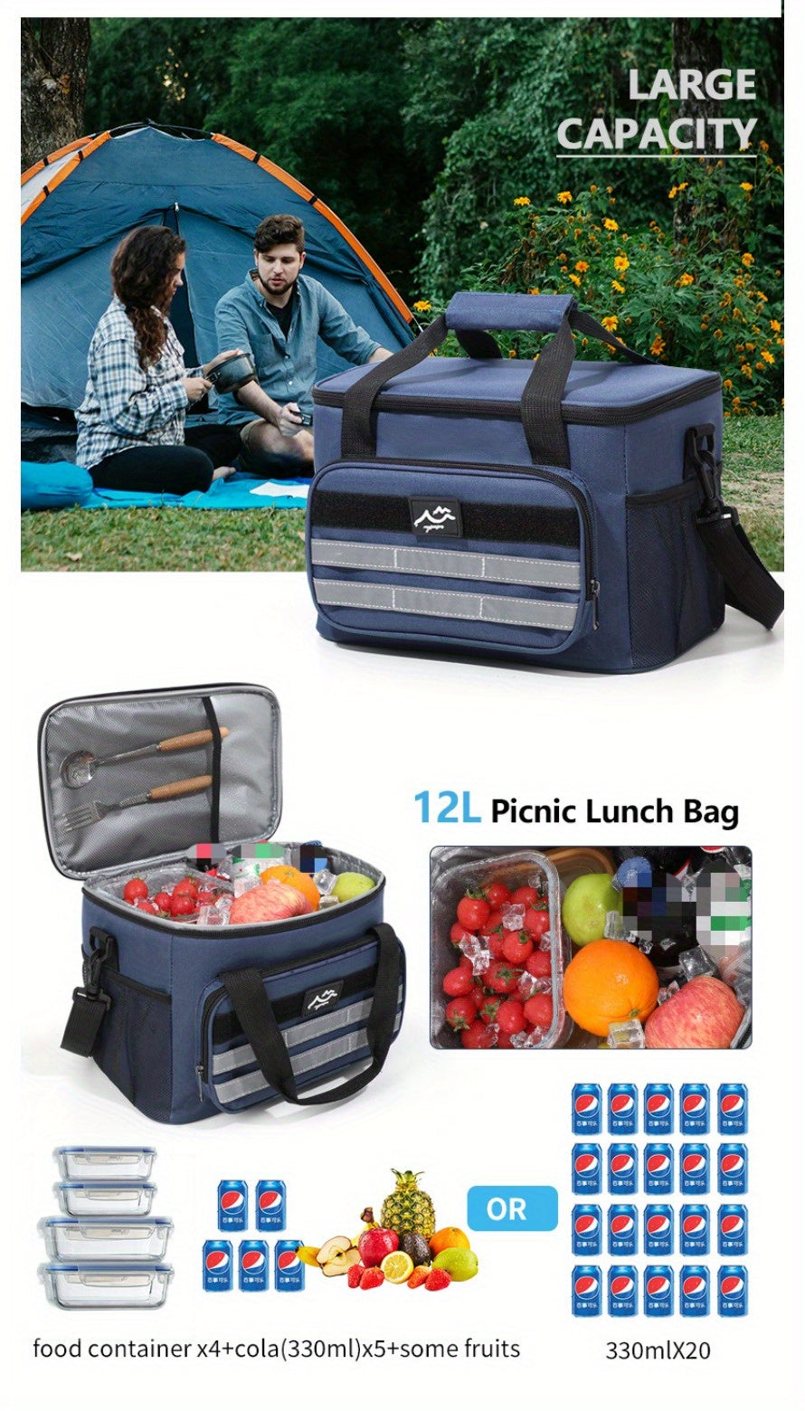 Sac isotherme grande capacité, étanche et portable pour pique-nique, camping, plage et déjeuner, sac isotherme souple et résistant avec isolation épaisse - Noir, bleu marine, gris, kaki