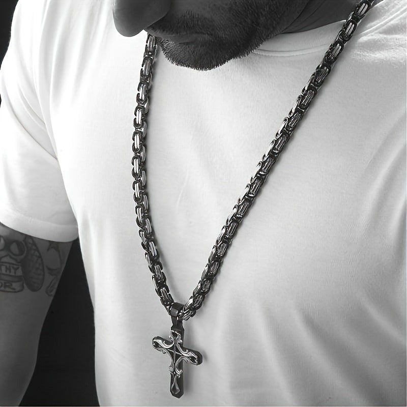 Ensemble de colliers croix en acier inoxydable pour homme, 2 pièces, chaîne cubaine avec pendentif croix, bijoux rétro hip-hop pour homme - Collier imposant, cadeau pour lui, anniversaire, Noël