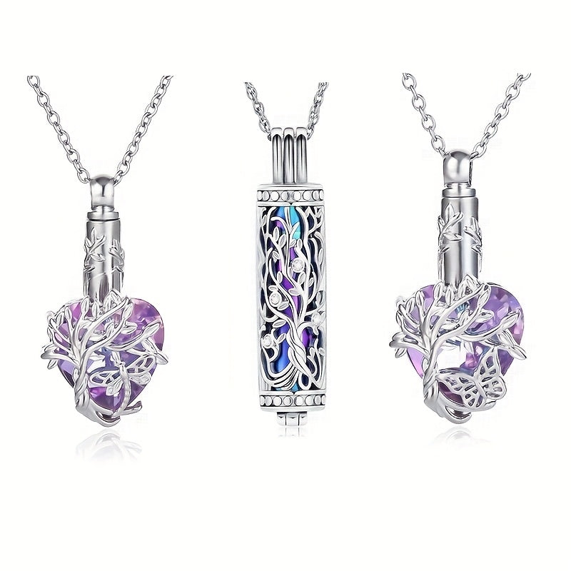 Ensemble de 3 colliers urnes colorés pour cendres - Pendentifs commémoratifs cylindriques papillon et libellule pour la perte d'un proche ou d'un animal, à partager en famille, coffret de bijoux souvenir (3 pièces)