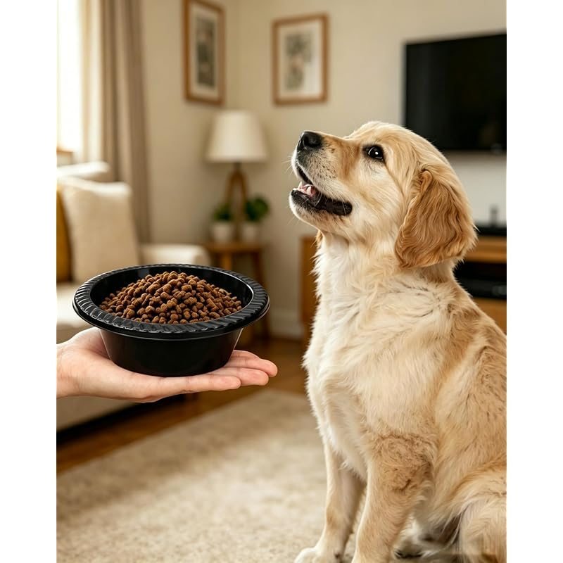 Gamelles jetables pour animaux, lot de 50, 355 ml – Bols ronds en plastique noir pour petits et moyens chiens, voyage, refuge, chenil, extérieur et alimentation d'urgence, empilables, hygiéniques à usage unique