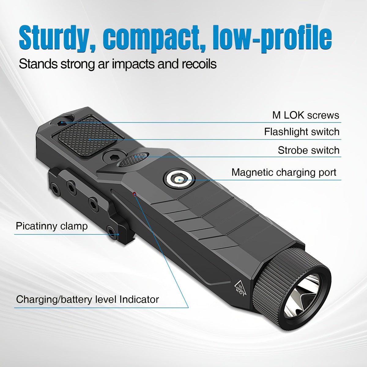 Lampe tactique de 1680 lumens pour fusil avec mode stroboscopique momentané – Monture double rail M-Lok et Picatinny, rechargeable par USB magnétique, lampe d'arme profil bas pour la chasse, le tir et la défense à domicile (Modèle DF9030)