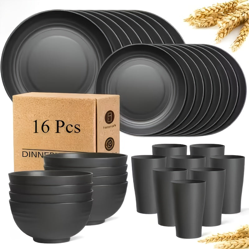 Black Wheat Straw Tableware Set β 16/32 Piece Unbreakable Eco-Friendly Plates Dessert Plates Bowls & Cups for 4-8 People, Outdoor Camping Party Wedding Halloween Kitchen Accessories