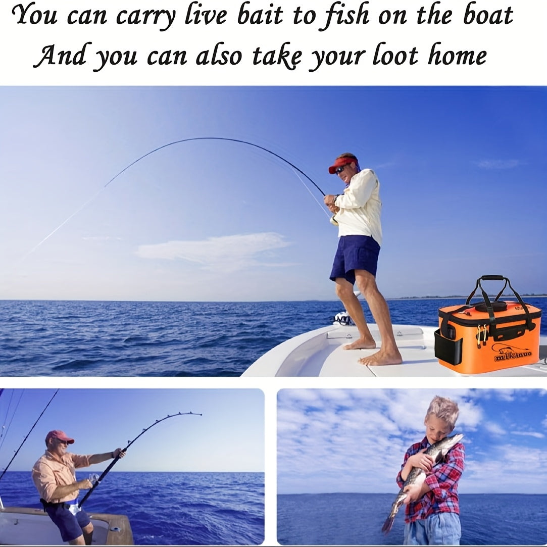 Seau de pêche pliable de 25 L – Conteneur à appâts vivants en EVA, sac de conservation de poissons multifonctionnel et portable pour la pêche à la carpe et en eau douce, cadeau pour homme (bleu/orange)