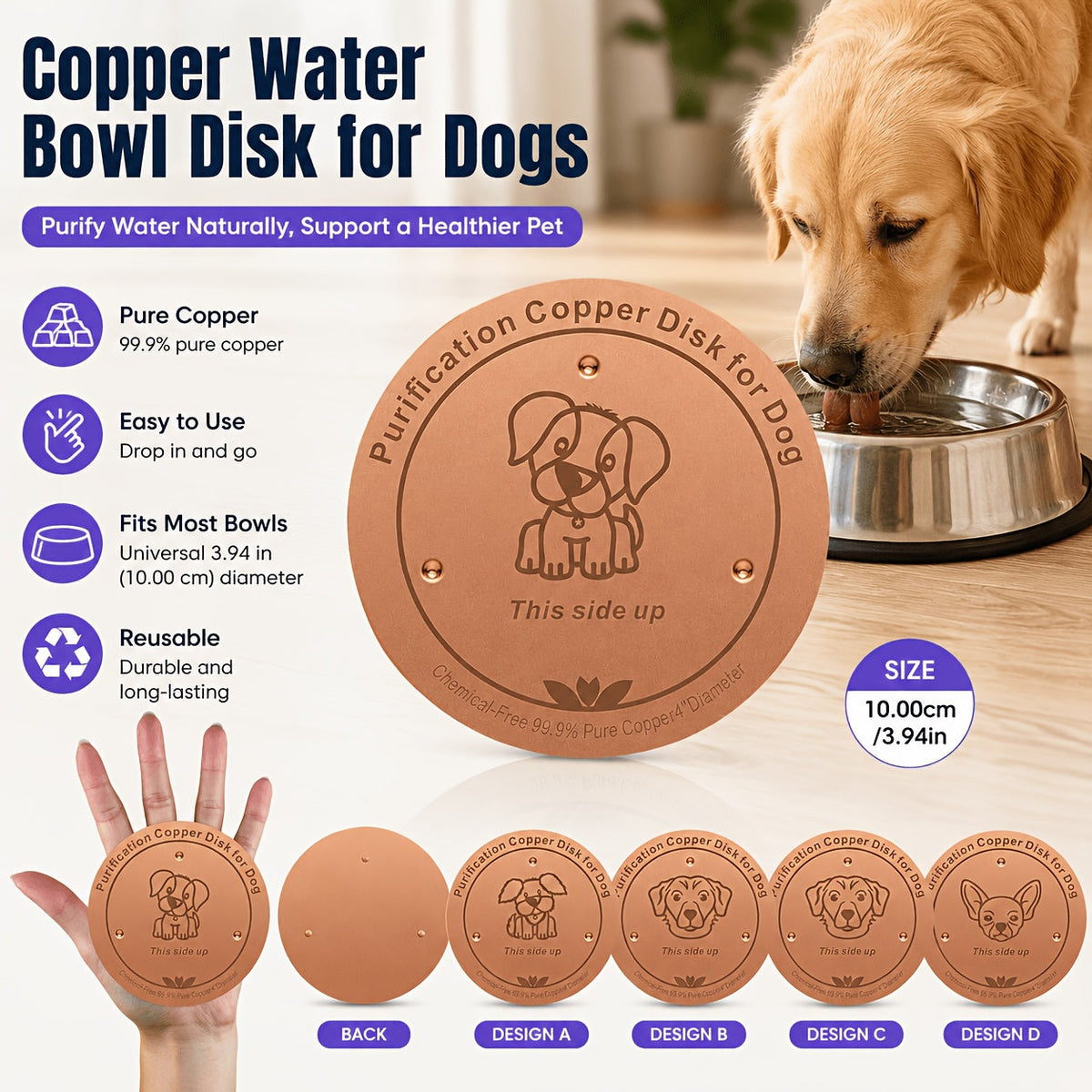 Disque de purification pour gamelle de chien en cuivre pur 10 cm - Insert de bol en cuivre réutilisable pour la purification de l'eau des chiens et animaux de compagnie - Accessoire naturel de nettoyage de l'eau sans pile pour gamelles de chien