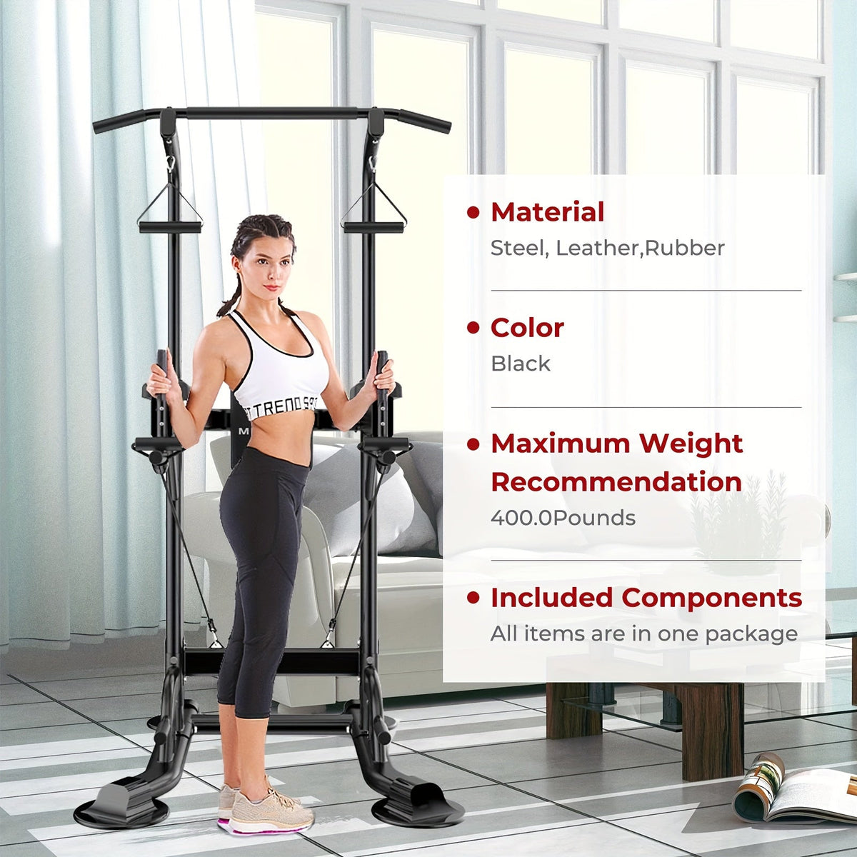 Station de musculation Power Tower avec barre de traction et poste à dips – Hauteur réglable 127-230 cm, capacité 150 kg, équipement de musculation multifonction pour hommes et femmes, bandes élastiques incluses